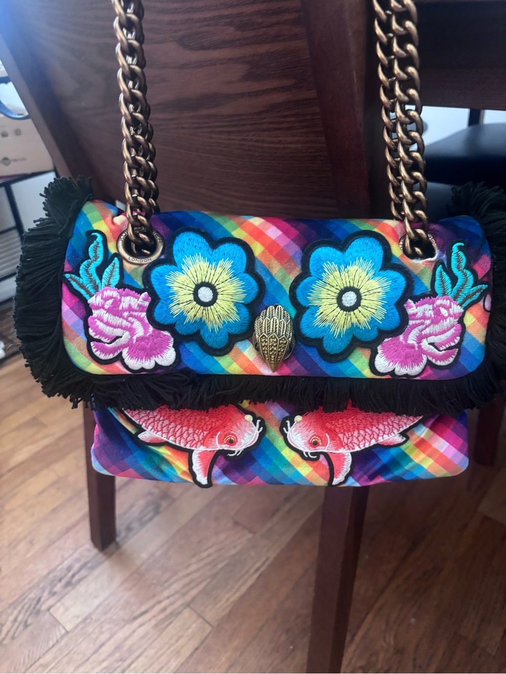 Kurt Geiger “Kensington” multicolored Embroidered Floral & Koi purse